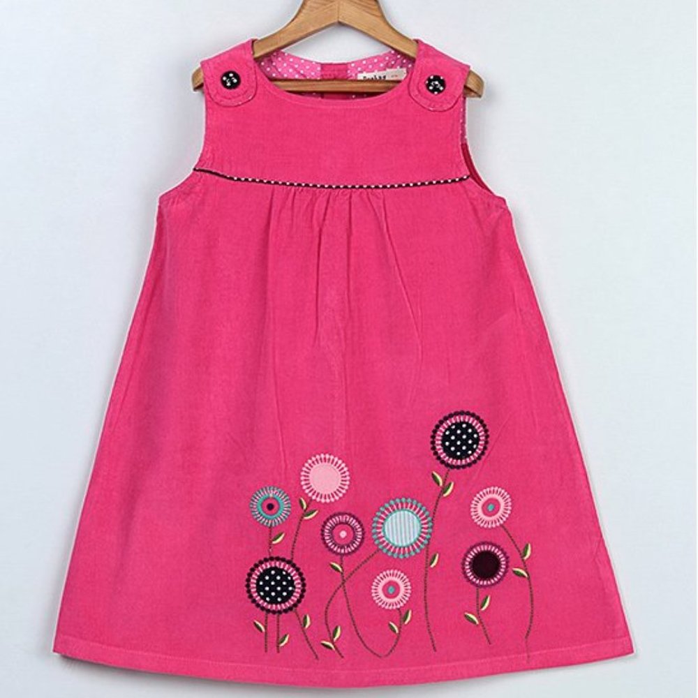 Beebay Girl's Pink Corduroy Floral Embroidered Dress- 6 years